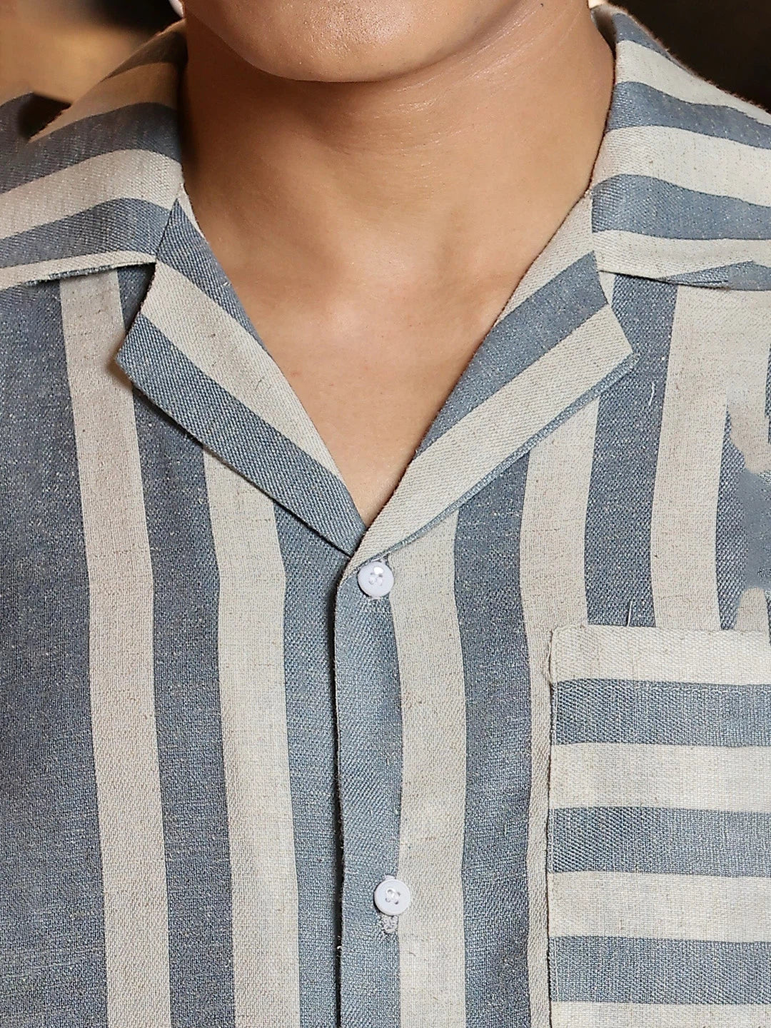 House Of Koala Linen Blend Blue White Striped Cuban Collar Classic Relaxed Fit Resort Shirt
