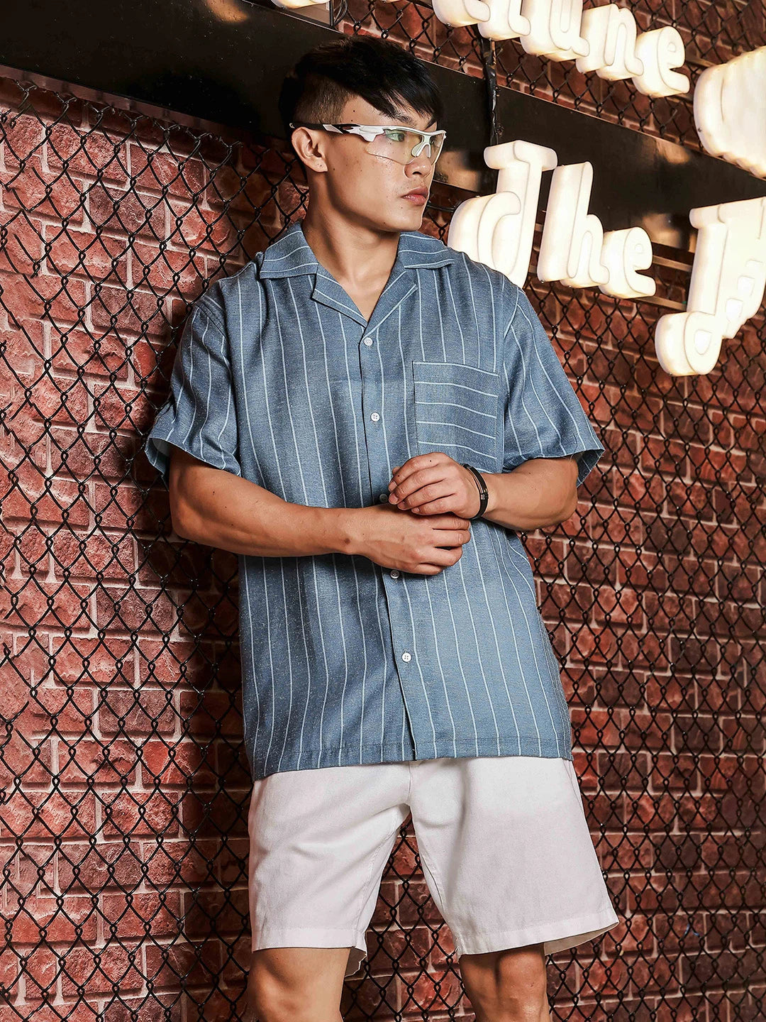 House Of Koala Linen Blend Blue Striped Cuban Collar Classic Relaxed Fit Resort Shirt