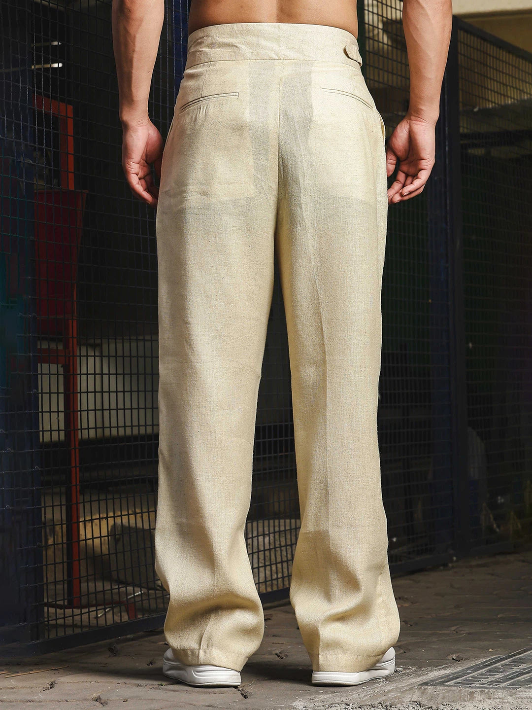 House Of Koala Beige Solid Linen Blend Gurkha Trousers with Double Pleated Front