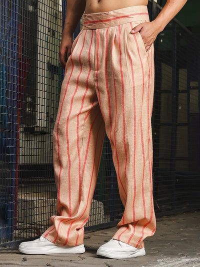 House Of Koala Beige-Orange Striped Linen Blend Double Pleated Gurkha Trousers