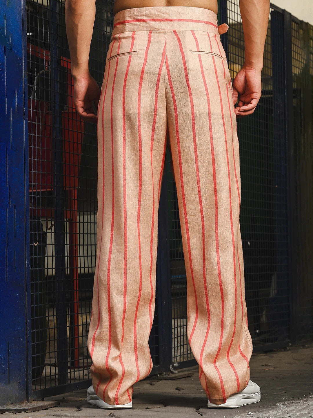 House Of Koala Beige-Orange Striped Linen Blend Double Pleated Gurkha Trousers