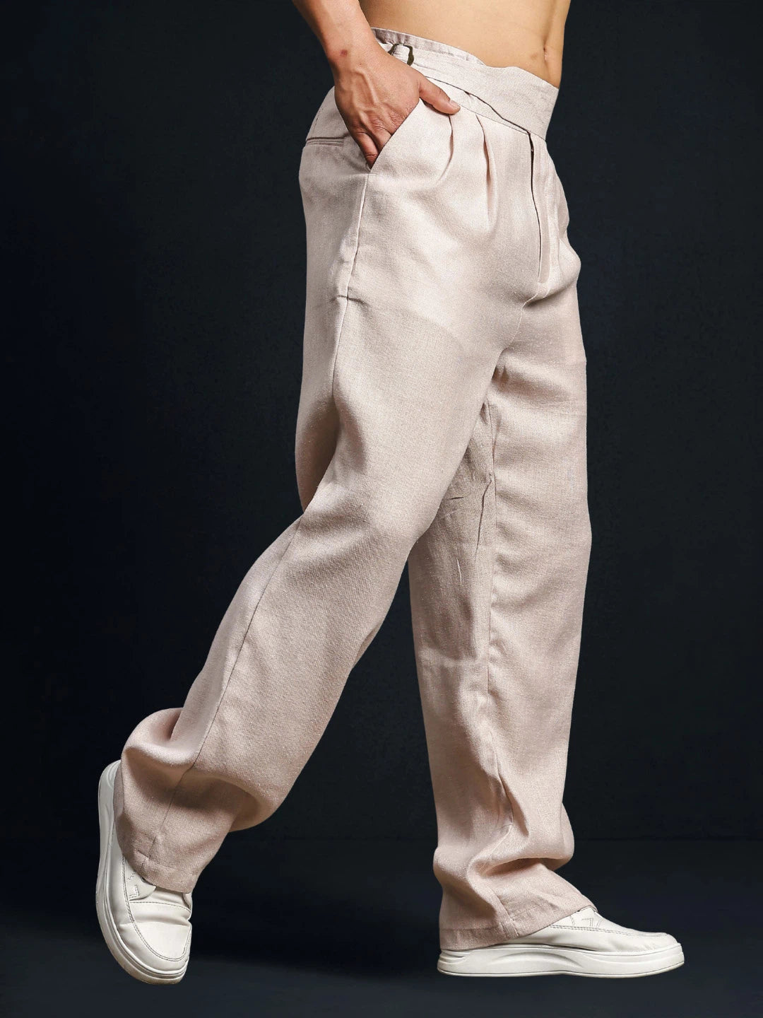 House Of Koala Champagne Pink Solid Linen Blend Gurkha Trousers with Double Pleated Front