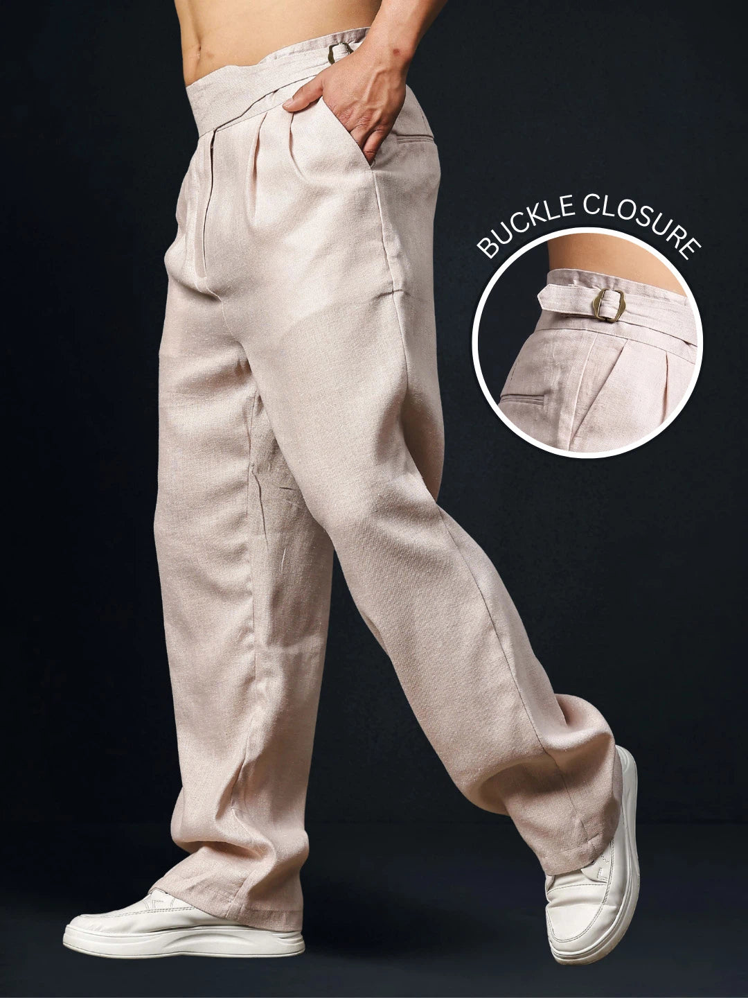 House Of Koala Champagne Pink Solid Linen Blend Gurkha Trousers with Double Pleated Front