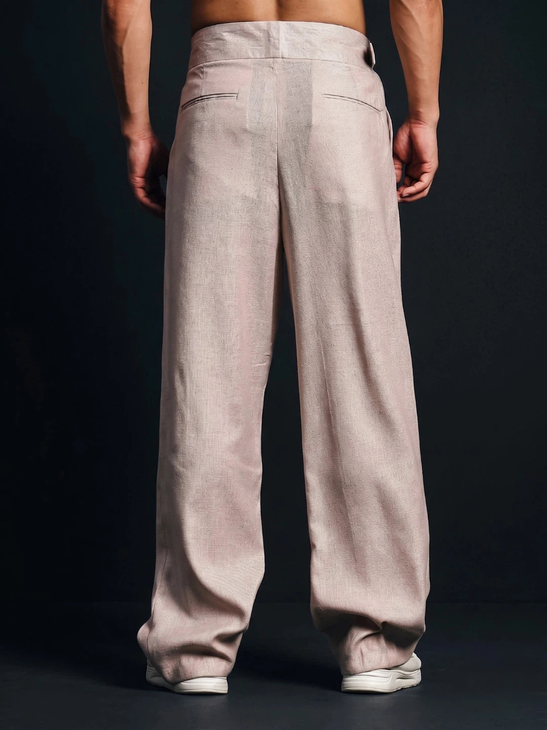 House Of Koala Champagne Pink Solid Linen Blend Gurkha Trousers with Double Pleated Front