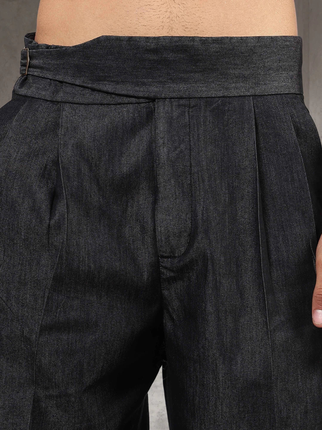 House Of Koala Black Premium Denim Gurkha Trousers with Double Pleated Front