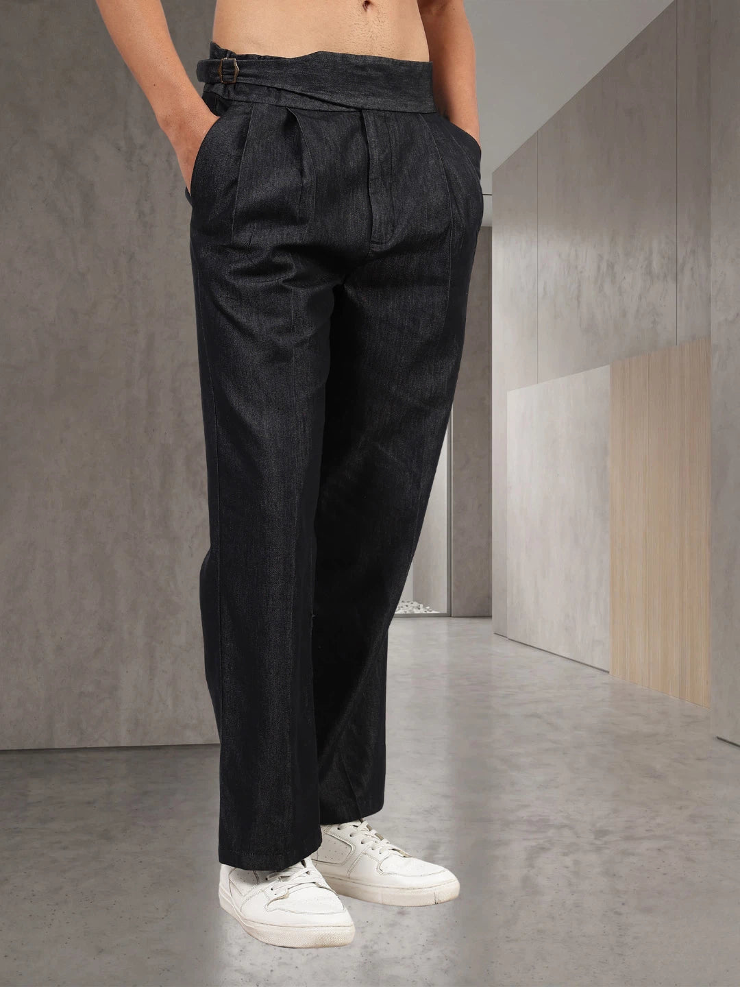 House Of Koala Black Premium Denim Gurkha Trousers with Double Pleated Front
