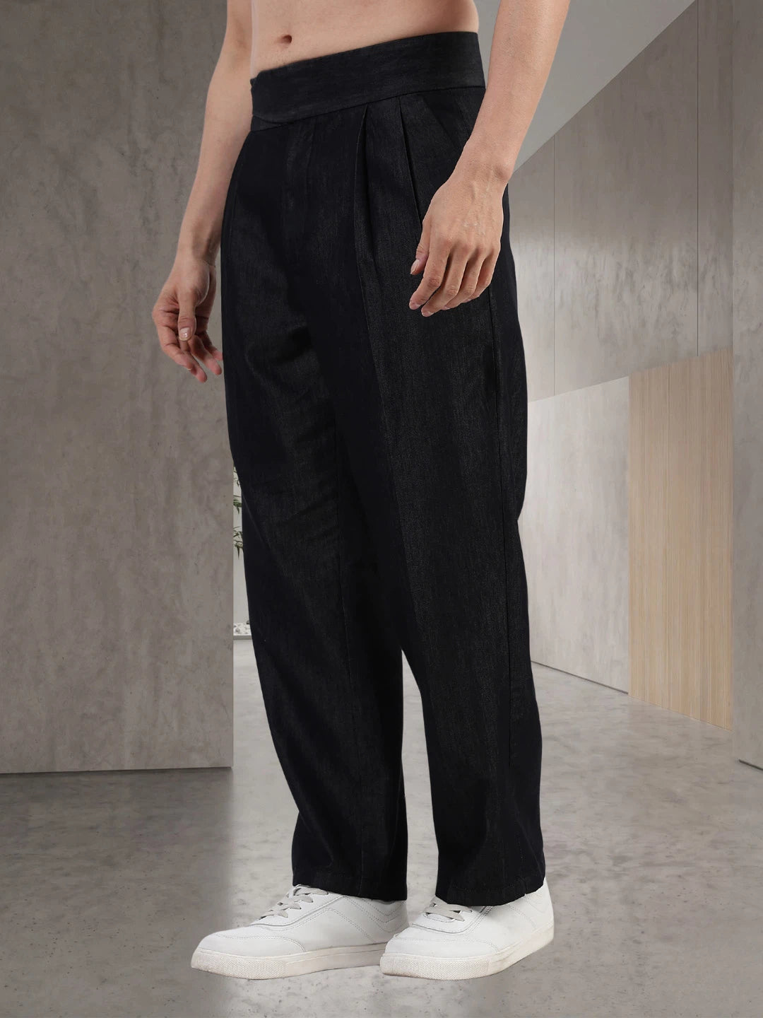 House Of Koala Black Premium Denim Gurkha Trousers with Double Pleated Front