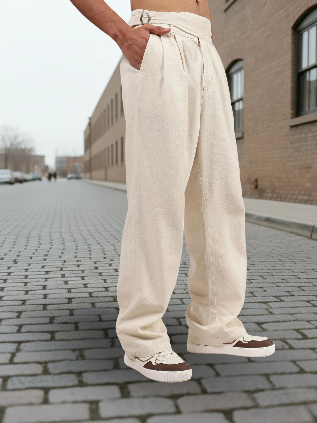House Of Koala Off-White Premium Denim Gurkha Trousers with Double Pleated Front