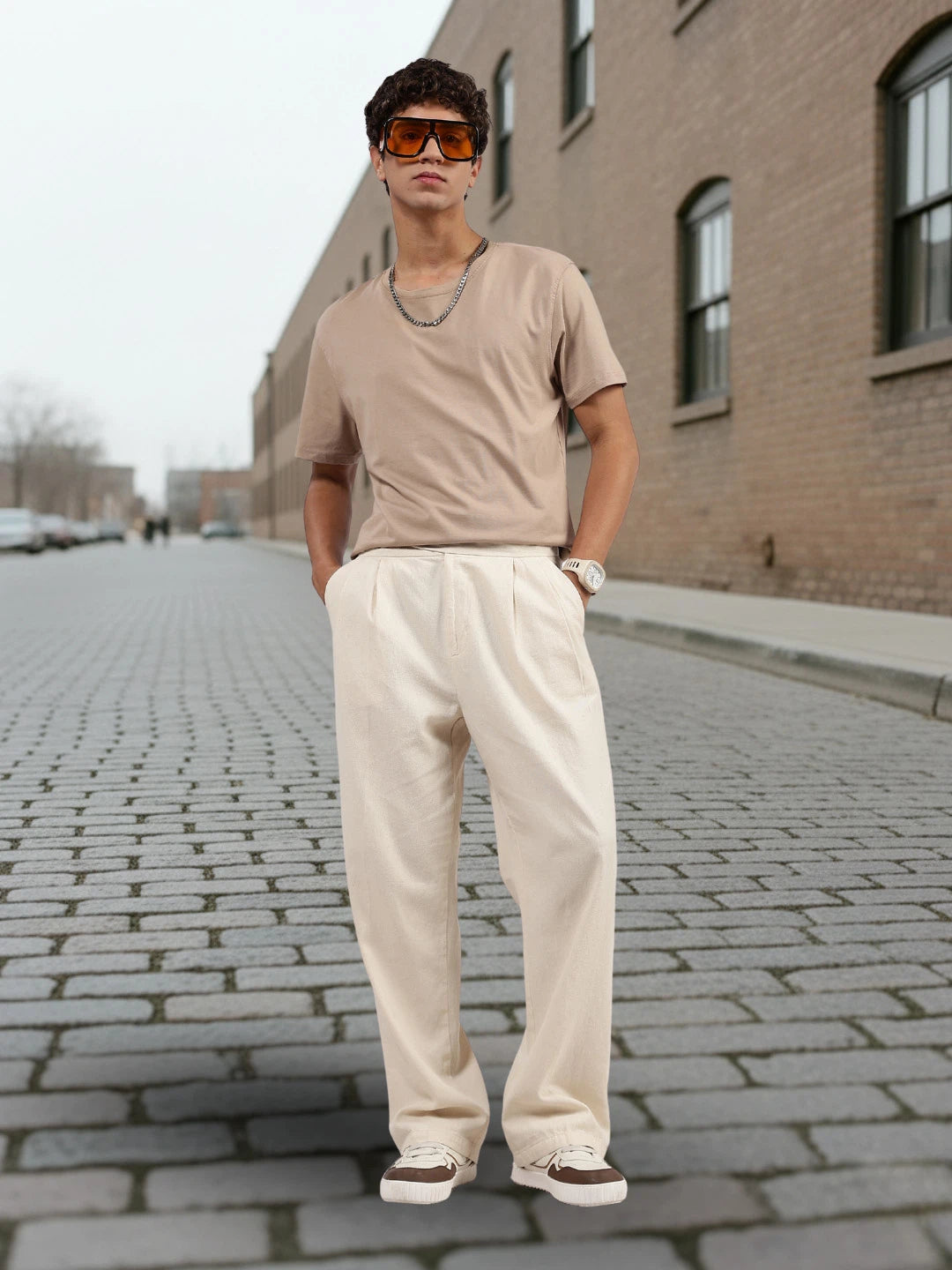 House Of Koala Off-White Premium Denim Gurkha Trousers with Double Pleated Front