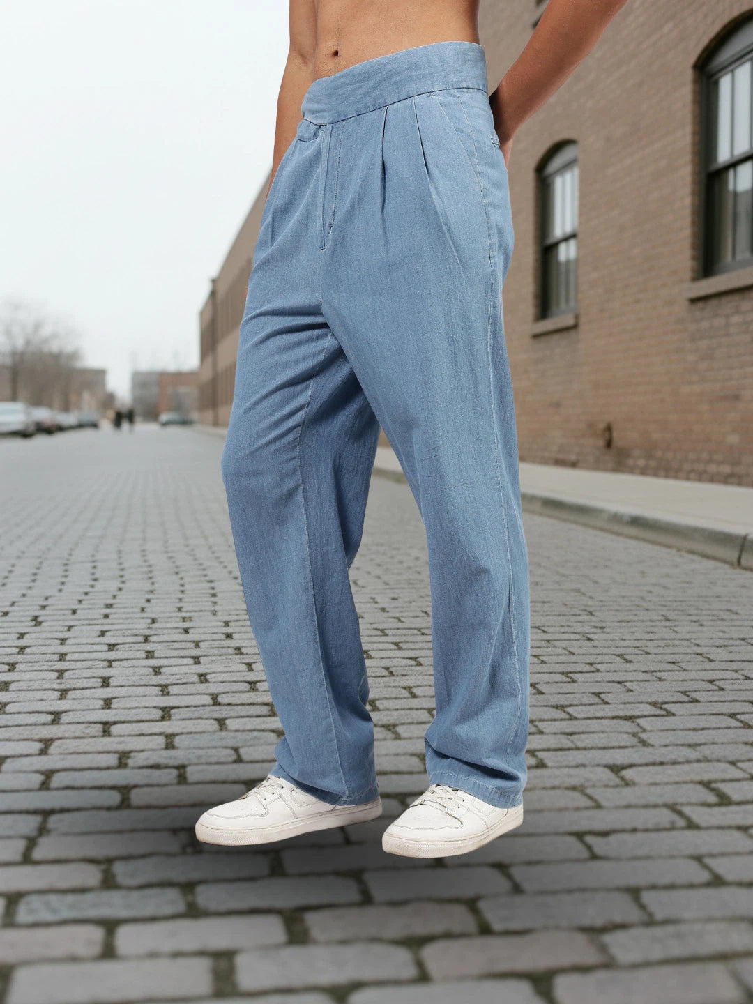 House Of Koala Blue Denim Baggy Fit Gurkha Trousers with Double Pleated Front