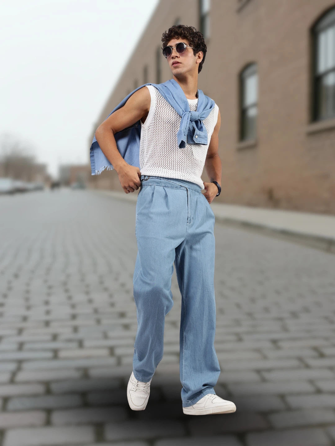 House Of Koala Blue Denim Baggy Fit Gurkha Trousers with Double Pleated Front