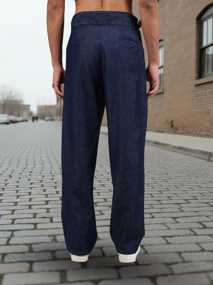 House Of Koala Navy Blue Premium Denim Gurkha Trousers with Double Pleated Front