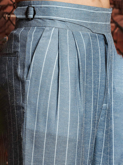 House Of Koala Blue Striped Linen Blend Trousers with Double Pleated Front