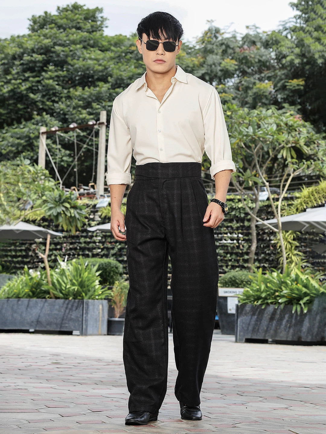 House Of Koala Black Premium Chequered Gurkha Trousers with Double Pleated Front