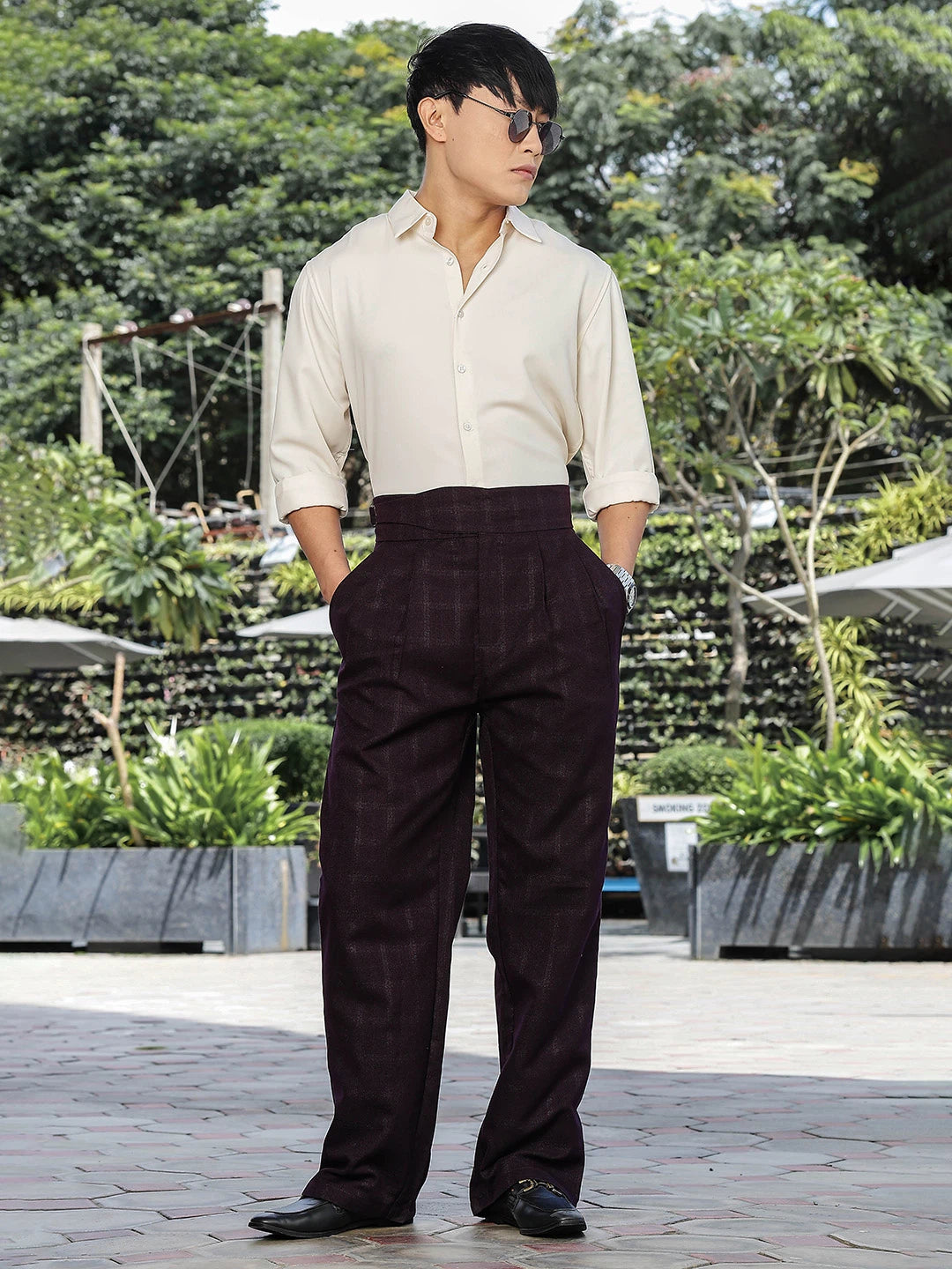 House Of Koala Wine Premium Chequered Gurkha Trousers with Double Pleated Front