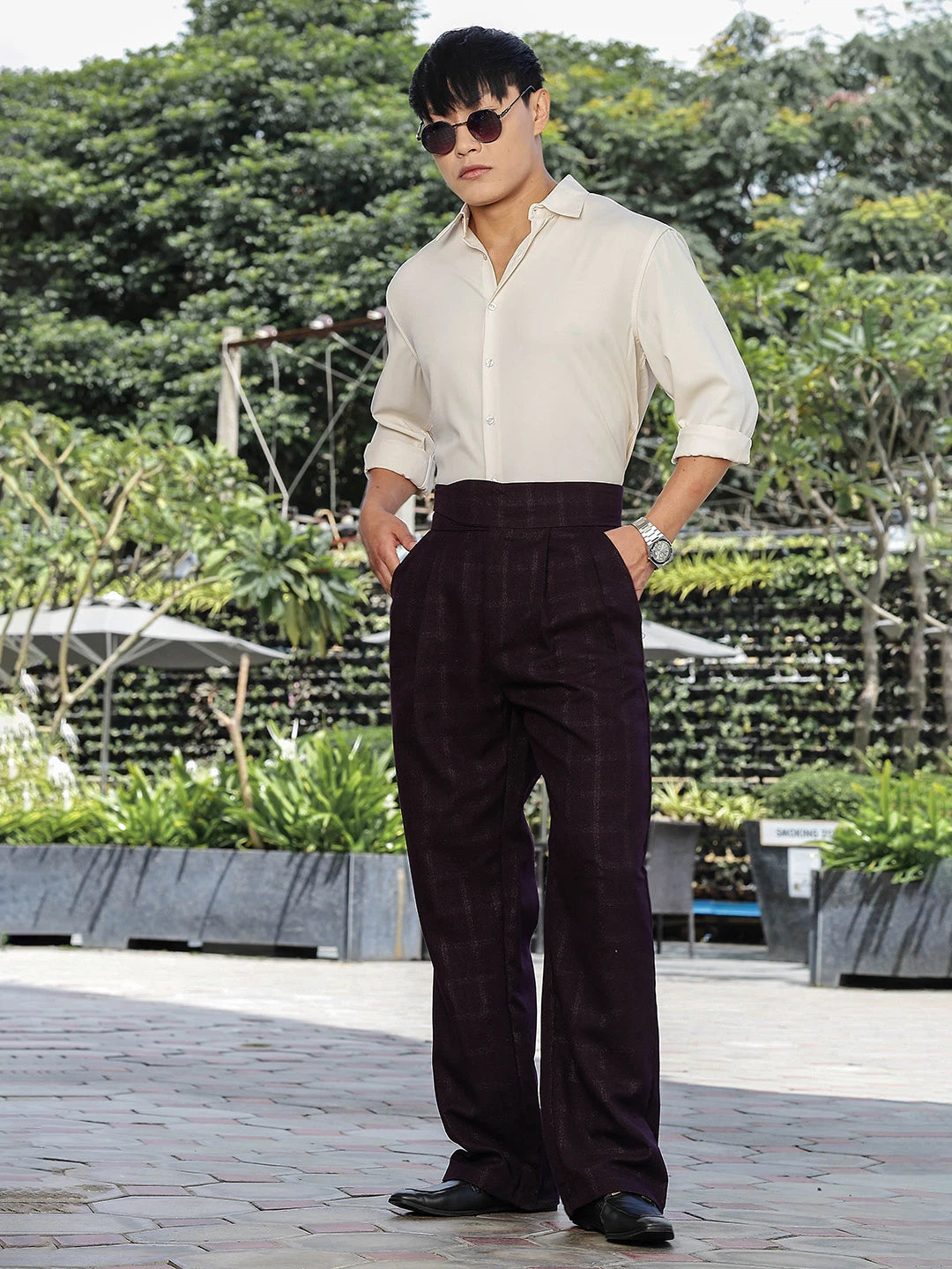 House Of Koala Wine Premium Chequered Gurkha Trousers with Double Pleated Front