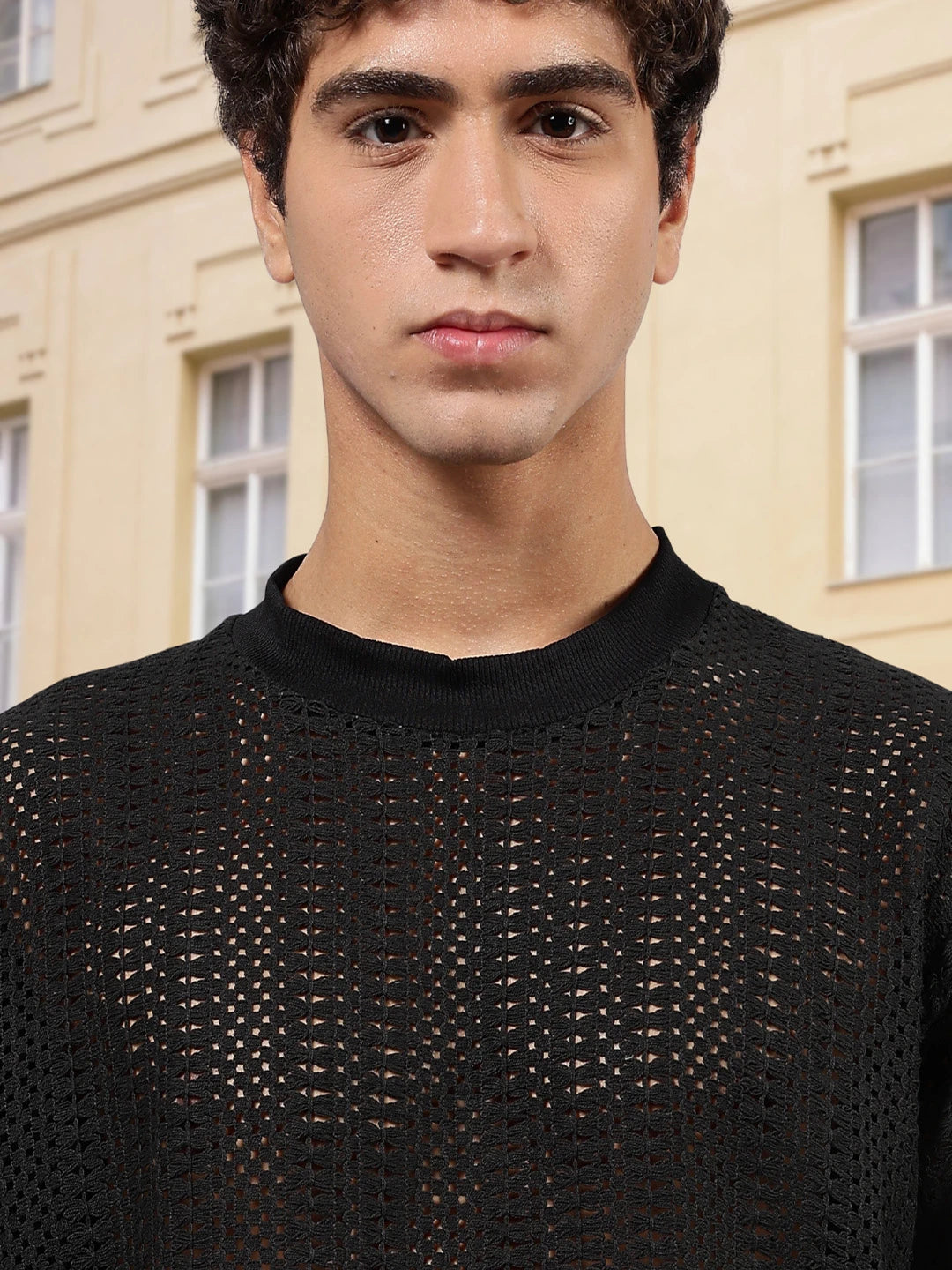 House Of Koala Black Oversized Fit Premium Cotton Crochet T-Shirt