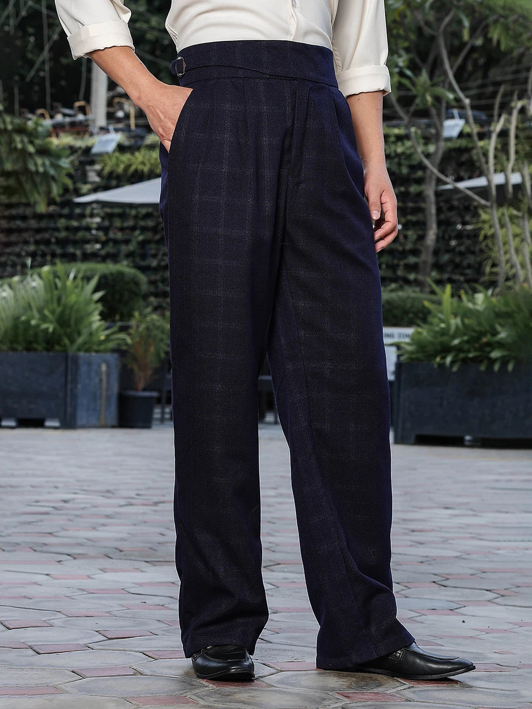 House Of Koala Navy Premium Tweed Blend Gurkha Trousers with Double Pleated Front