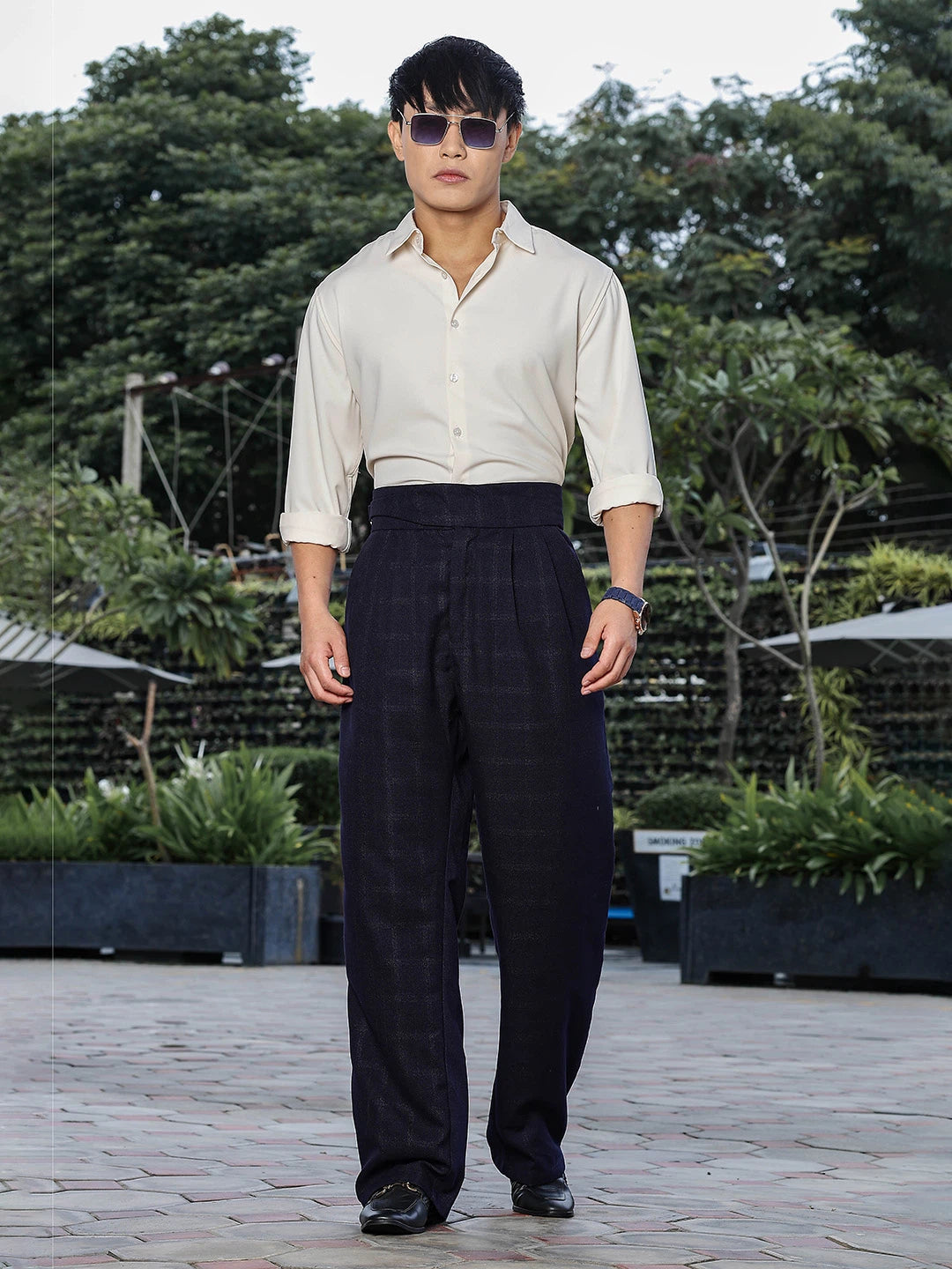 House Of Koala Navy Premium Tweed Blend Gurkha Trousers with Double Pleated Front