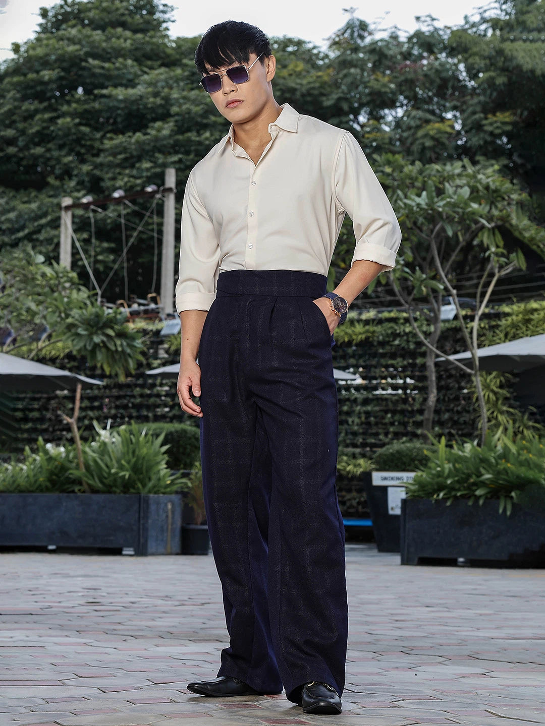 House Of Koala Navy Premium Tweed Blend Gurkha Trousers with Double Pleated Front