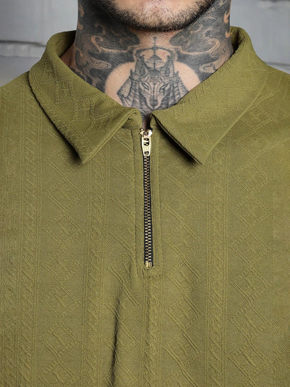 House Of Koala Olive Textured Polo Neck Relaxed Fit T-Shirt