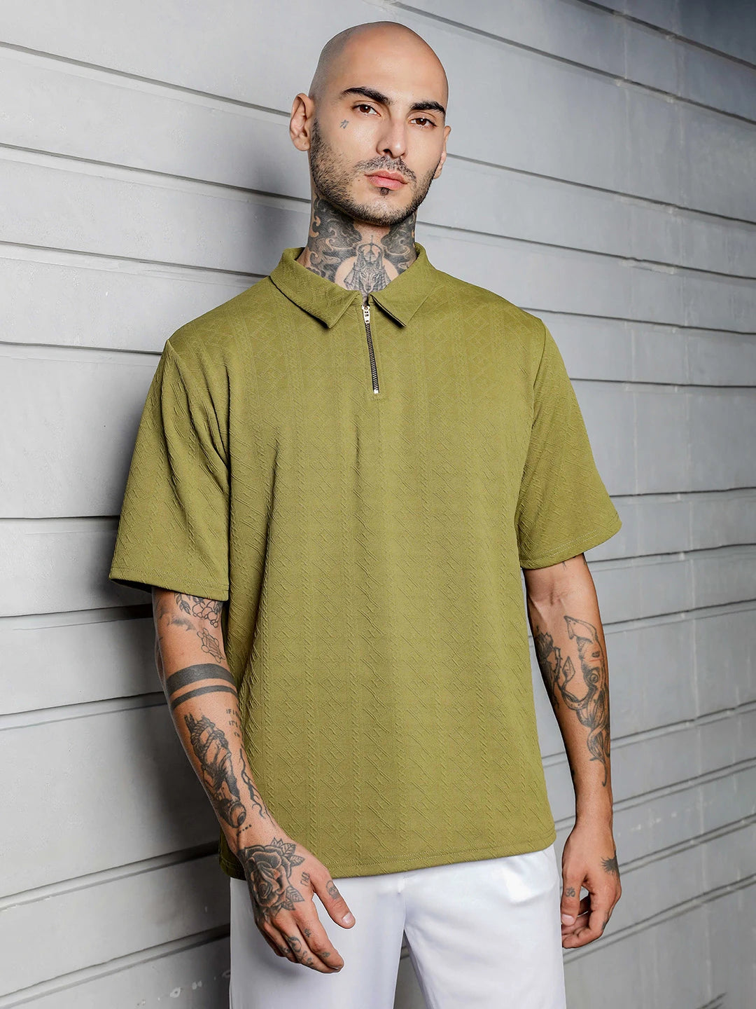 House Of Koala Olive Textured Polo Neck Relaxed Fit T-Shirt