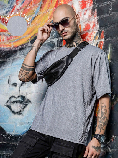 House Of Koala Grey Textured Round Neck Oversized T-Shirt