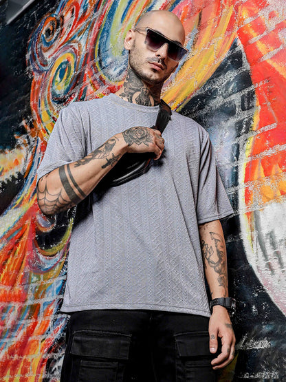 House Of Koala Grey Textured Round Neck Oversized T-Shirt
