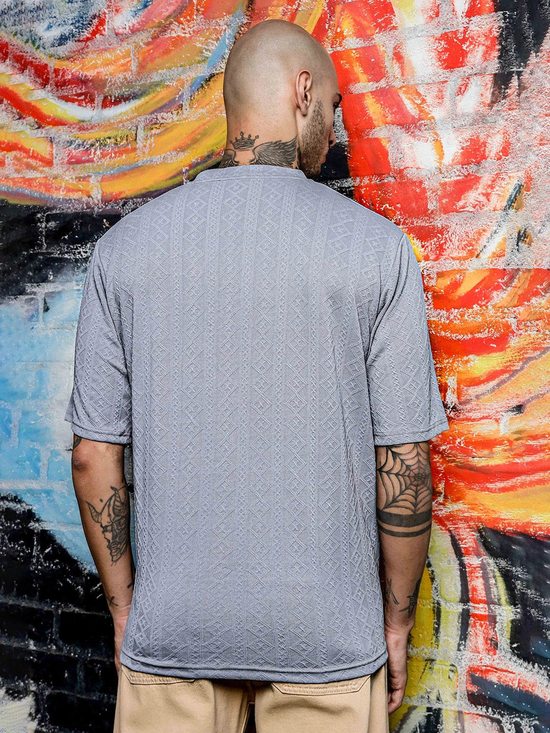House Of Koala Grey Textured Round Neck Oversized T-Shirt