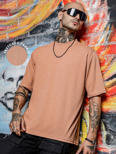 House Of Koala Brown Textured Round Neck Oversized T-Shirt