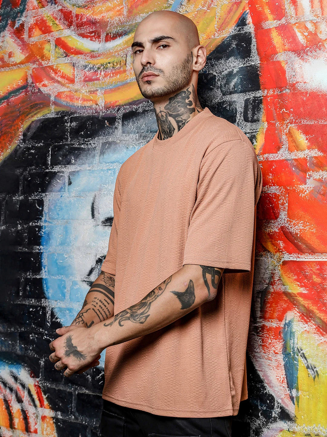 House Of Koala Brown Textured Round Neck Oversized T-Shirt