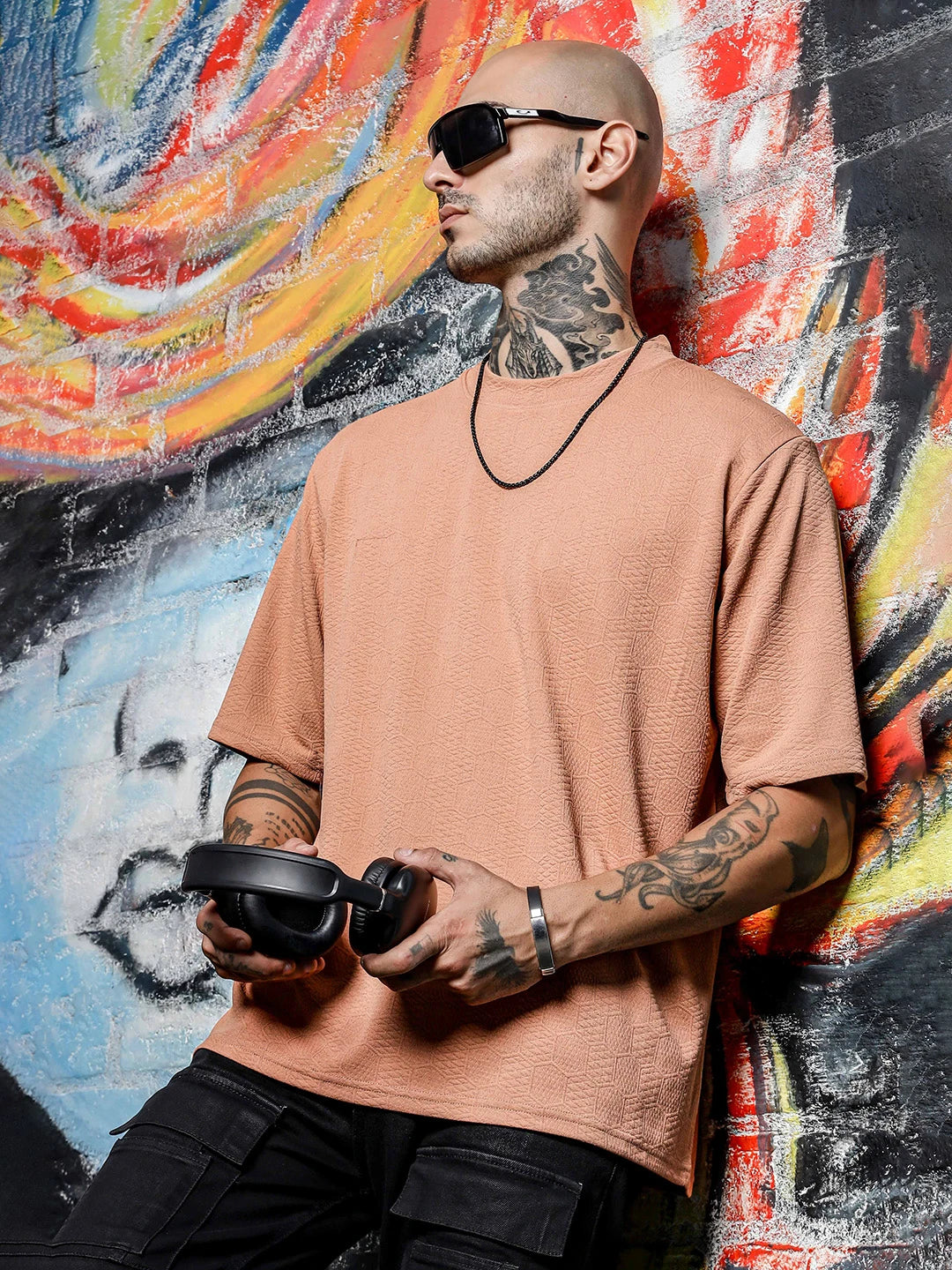 House Of Koala Brown Textured Round Neck Oversized T-Shirt