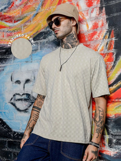 House Of Koala White Textured Round Neck Oversized T-Shirt