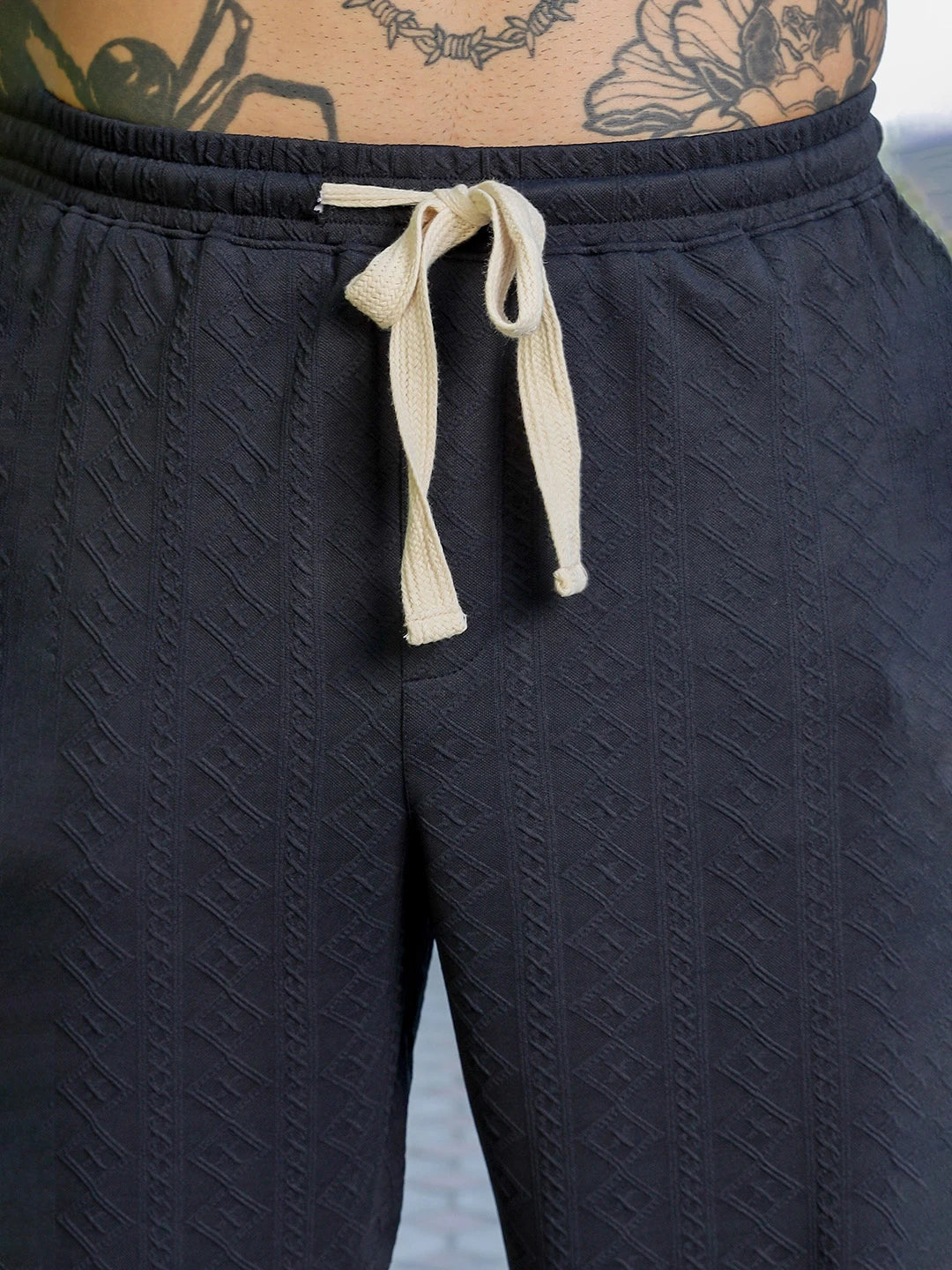House Of Koala Black Textured Relaxed-Fit Mid-Rise Track Pant