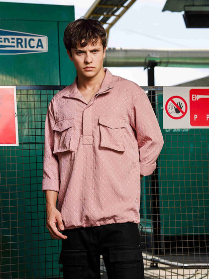 House Of Koala Pink Oversized Jacquard Textured Shirt Shacket