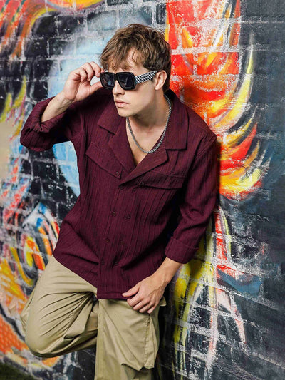House Of Koala Maroon Rib Textured Relaxed Korean Shacket Shirt