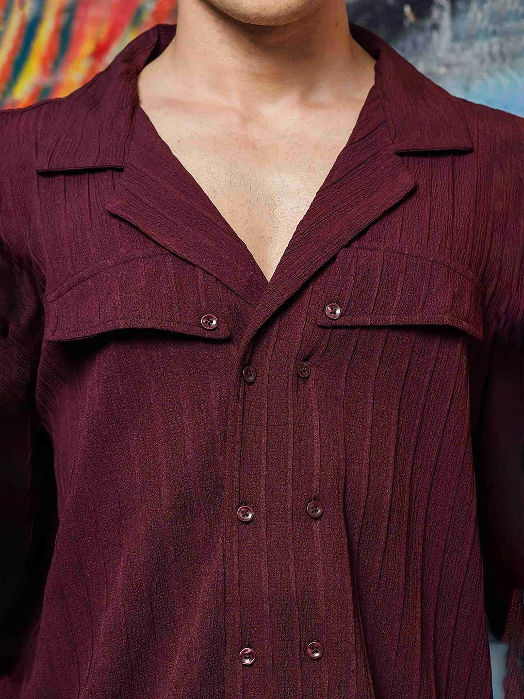 House Of Koala Maroon Rib Textured Relaxed Korean Shacket Shirt