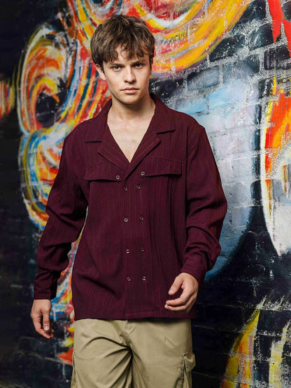House Of Koala Maroon Rib Textured Relaxed Korean Shacket Shirt