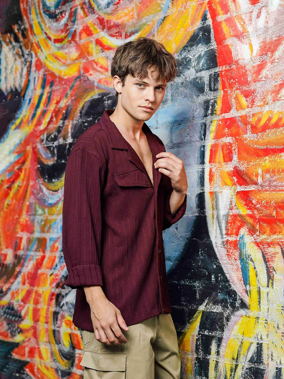House Of Koala Maroon Rib Textured Relaxed Korean Shacket Shirt