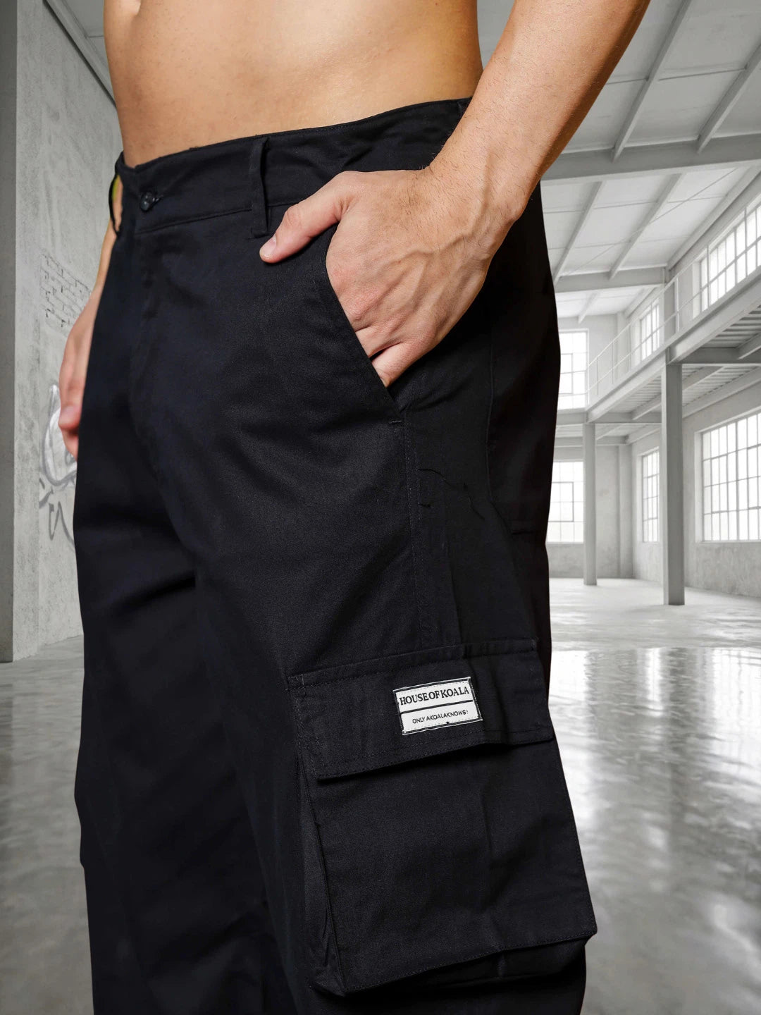 House Of Koala Black Baggy Fit Streetwear Style 8 Pocket Pure Cotton Cargo Trousers