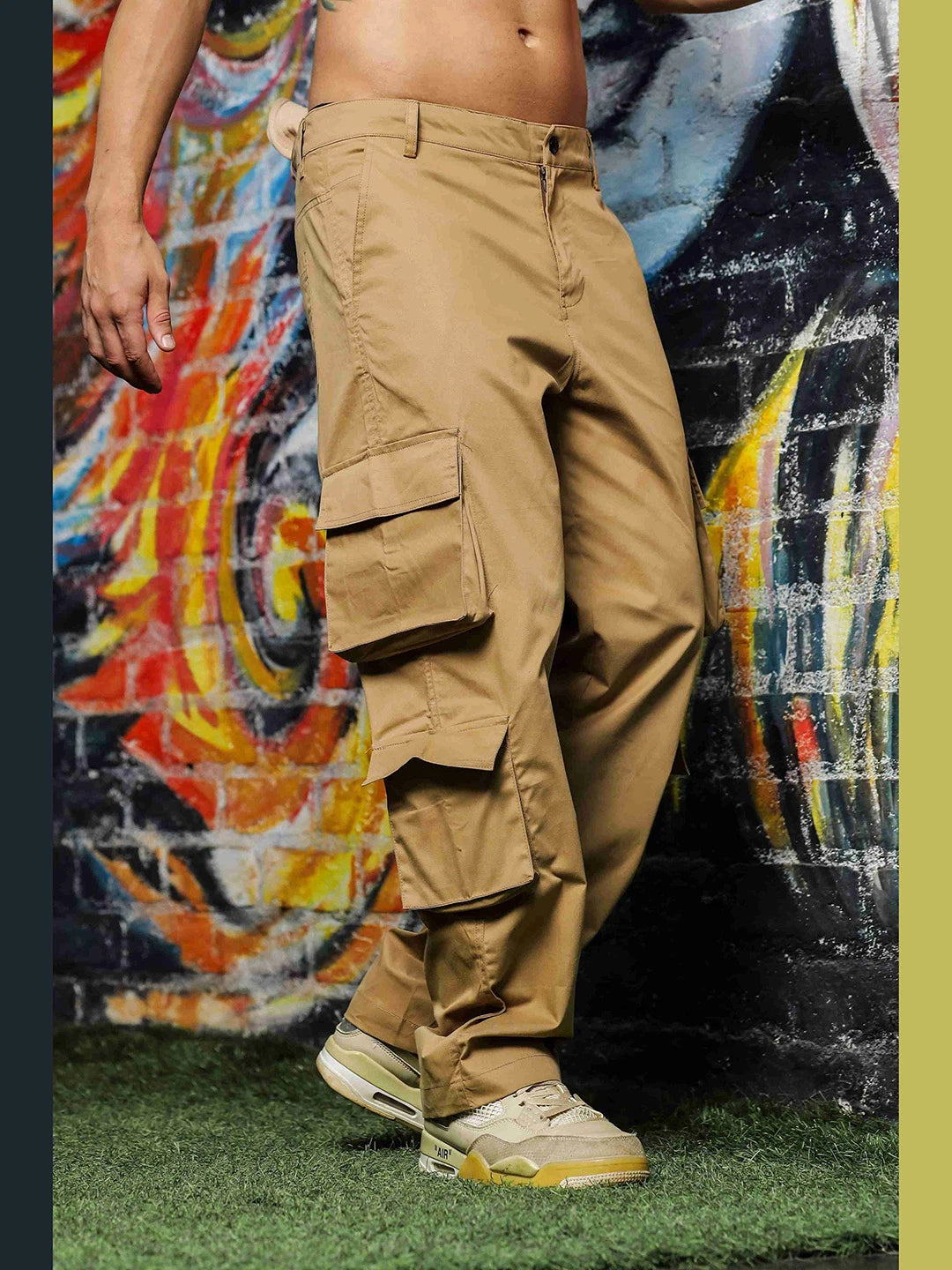House Of Koala Baggy Fit Khaki 8-Pocket Cargo Trousers