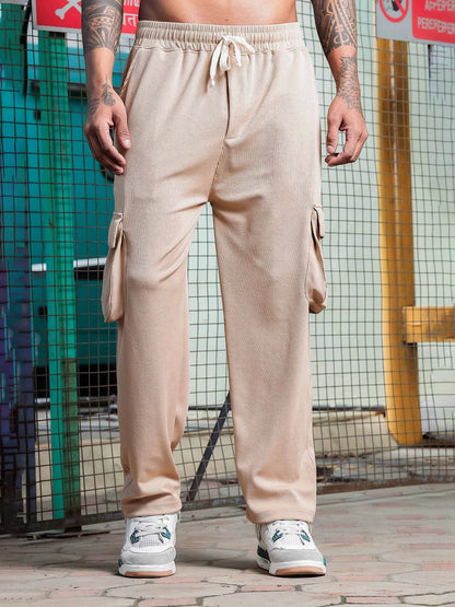 House Of Koala Beige Ribbed Relaxed-Fit Mid-Rise Cargo Track Pant