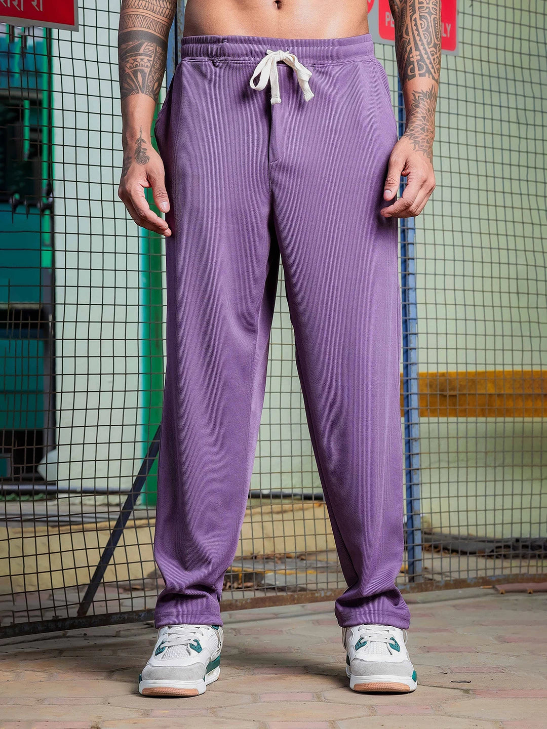 House Of Koala Purple Ribbed Relaxed-Fit Mid-Rise Track Pant