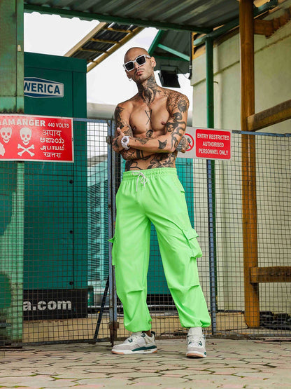 House Of Koala Baggy Fit Neon Green Parachute Cargo Trousers