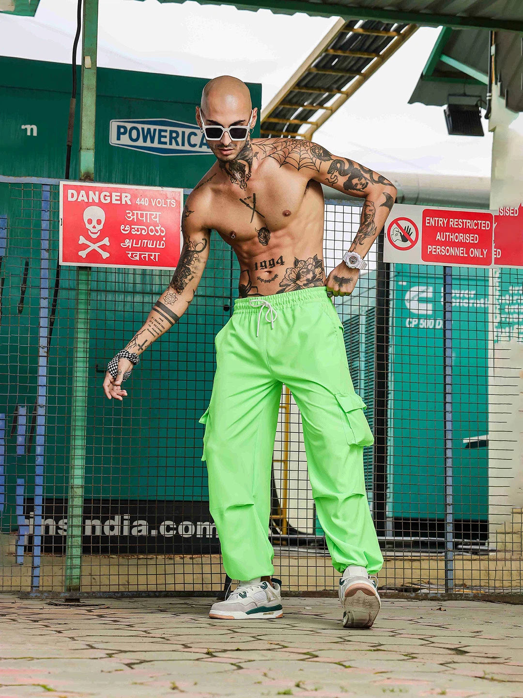 House Of Koala Baggy Fit Neon Green Parachute Cargo Trousers