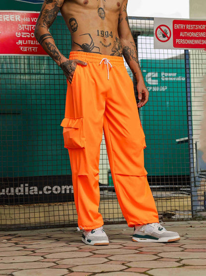 House Of Koala Baggy Fit Orange Parachute Cargo Trousers