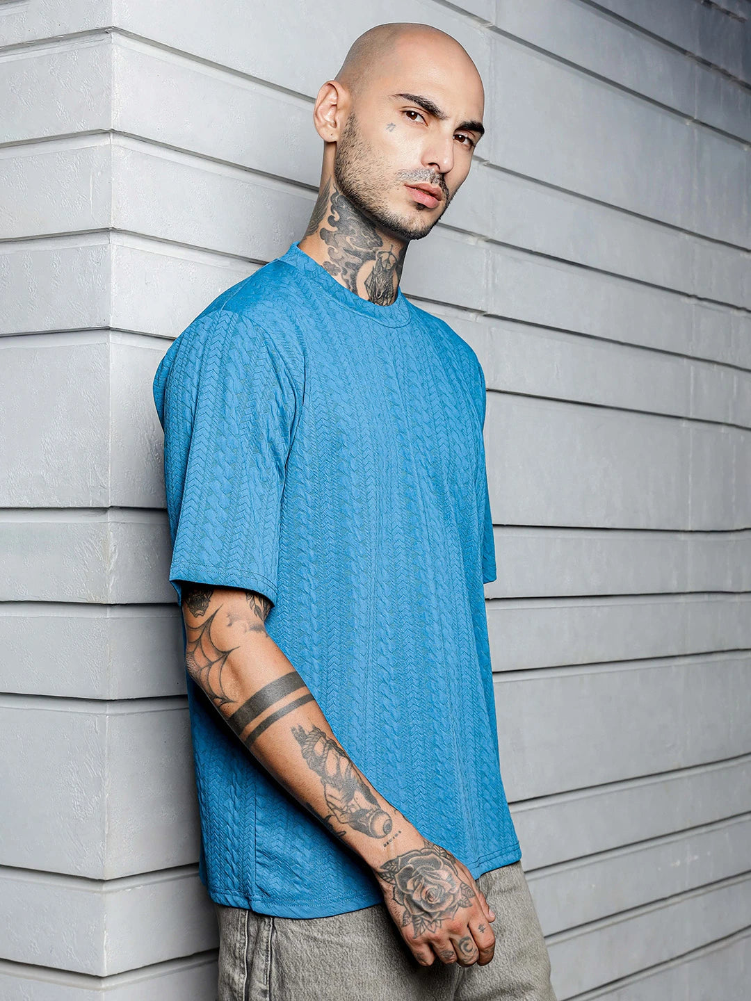 House Of Koala Blue Textured Round Neck Oversized T-Shirt