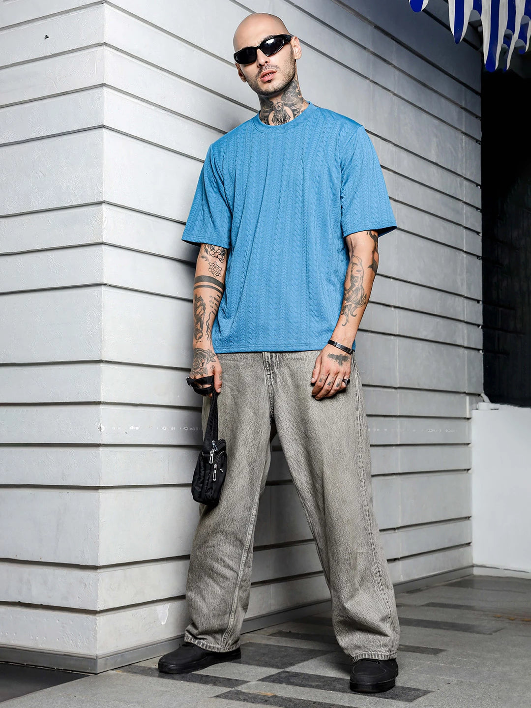 House Of Koala Blue Textured Round Neck Oversized T-Shirt