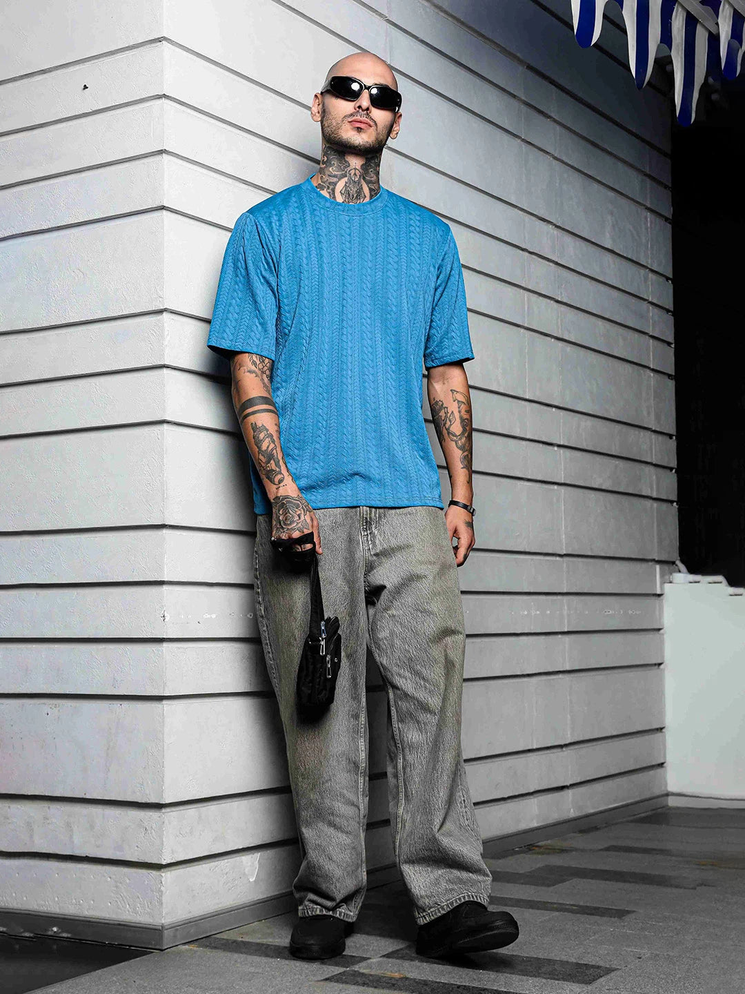 House Of Koala Blue Textured Round Neck Oversized T-Shirt