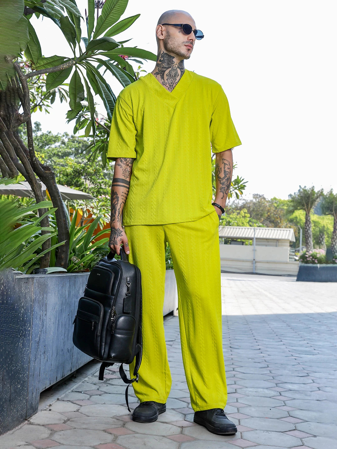 House Of Koala Neon Green Textured Relaxed-Fit Mid-Rise Track Pant